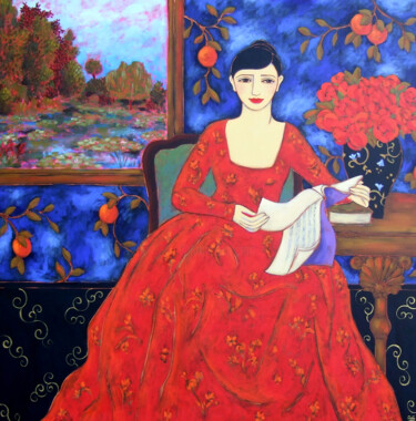 Pittura intitolato "Woman with Landscap…" da Karen Rieger, Opera d'arte originale, Acrilico Montato su Telaio per barella in…