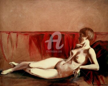 Peinture intitulée "nu a la pomme" par Karen Decoster, Œuvre d'art originale, Huile