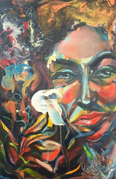 Painting titled "Portrait of a WOMAN…" by Karibou Artist, Original Artwork, Oil Mounted on Wood Stretcher frame