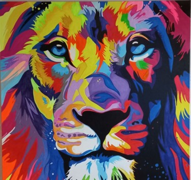 Painting titled "Lion pop art acryli…" by Karim Slimane, Original Artwork, Acrylic Mounted on Wood Stretcher frame