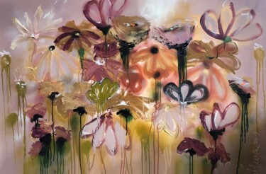 Malerei mit dem Titel "Golden flowers" von Karin Heymans, Original-Kunstwerk, Acryl