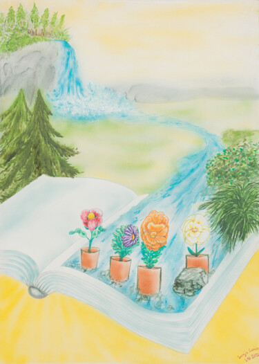 Malerei mit dem Titel "Buch Wissensfluss" von Karin Sternberg, Original-Kunstwerk, Airbrush