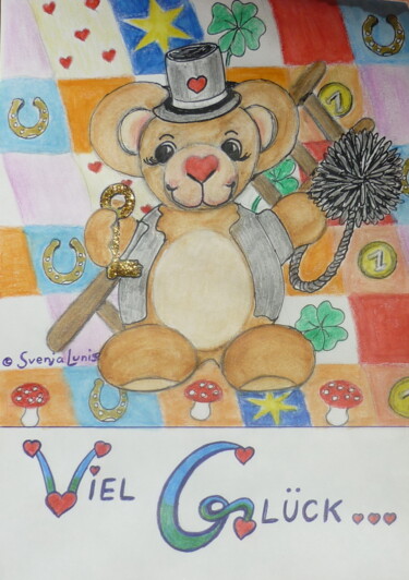 Malerei mit dem Titel "Glückwunschbären Vi…" von Karin Sternberg, Original-Kunstwerk, Conté-Buntstifte
