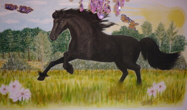 Картина под названием "Schwarzes Pferd" - Karin Sternberg, Подлинное произведение искусства, Аэрограф