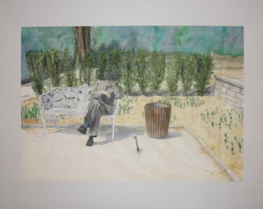 Malerei mit dem Titel "Mann auf der Parkba…" von Karin Sternberg, Original-Kunstwerk, Stoff