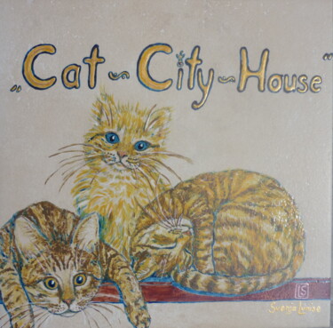 Painting titled "Cat City House" by Karin Sternberg, Original Artwork, Enamel