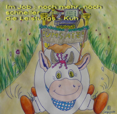 Malerei mit dem Titel "Die Kuh mit den Tur…" von Karin Sternberg, Original-Kunstwerk, Conté-Buntstifte
