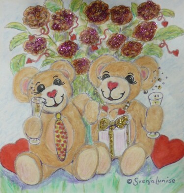 Malerei mit dem Titel "Glückwunschbären 1…" von Karin Sternberg, Original-Kunstwerk, Conté-Buntstifte