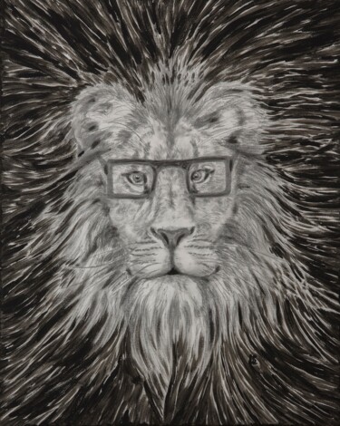 Malerei mit dem Titel "Löwe mit Brille" von Karin Sternberg, Original-Kunstwerk, Acryl