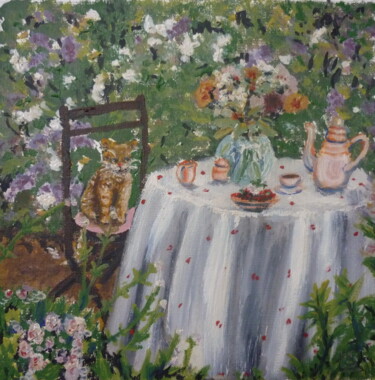 Painting titled "Kaffeetisch im Gart…" by Karin Sternberg, Original Artwork, Oil