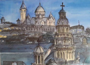 Painting titled "Sacré-Coeur Nocturne" by Karina Azarian, Original Artwork, Watercolor
