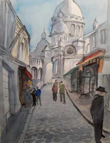 Painting titled "Sacre-Coeur on a su…" by Karina Azarian, Original Artwork, Watercolor