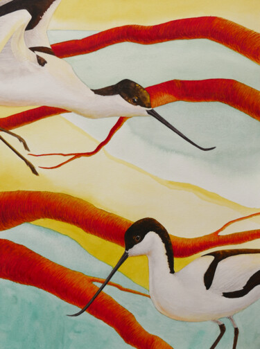 Painting titled "Piet avocet birds" by Karina Danylchuk, Original Artwork, Watercolor
