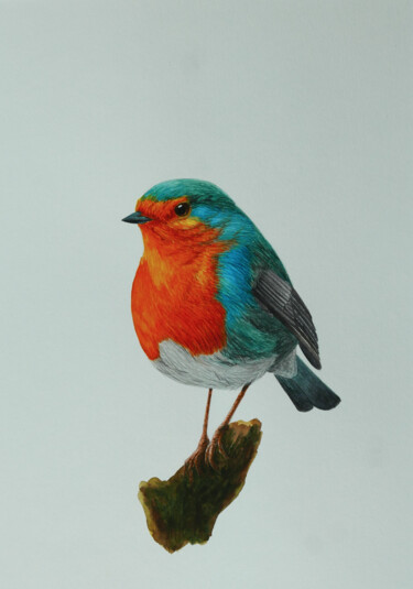 Malerei mit dem Titel "Robin on the branch" von Karina Danylchuk, Original-Kunstwerk, Aquarell