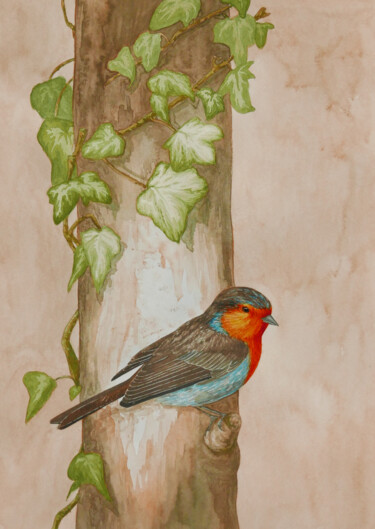 Painting titled "Robin with ivy" by Karina Danylchuk, Original Artwork, Watercolor