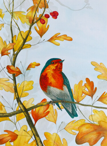Painting titled "Autumn robin" by Karina Danylchuk, Original Artwork, Watercolor