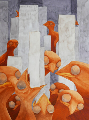 Ζωγραφική με τίτλο "Chicks eat city" από Karina Danylchuk, Αυθεντικά έργα τέχνης, Ακουαρέλα