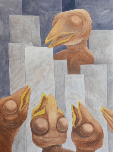 Malerei mit dem Titel "Hungry chicks" von Karina Danylchuk, Original-Kunstwerk, Aquarell