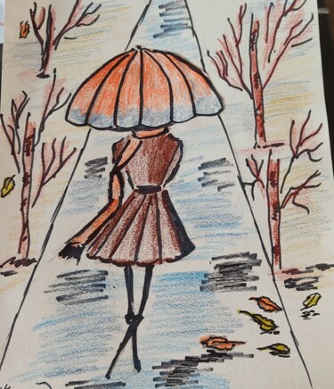 Картина под названием "Дождливая осень" - Карина Муляр, Подлинное произведение искусства, Карандаш