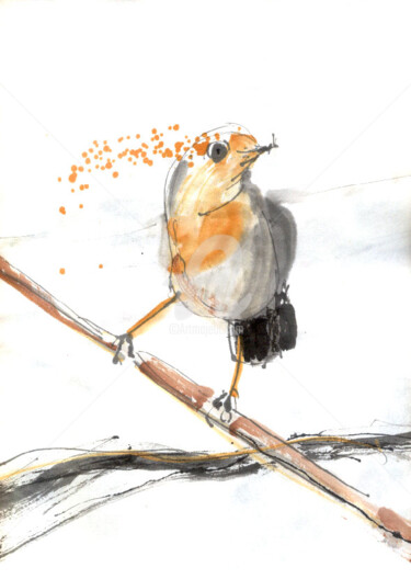 Painting titled "Grey orange bird" by Karina Plachetka, Original Artwork, Ink