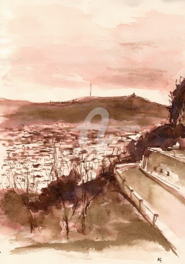 Malerei mit dem Titel "Barcelona skyline" von Karina Plachetka, Original-Kunstwerk, Tinte