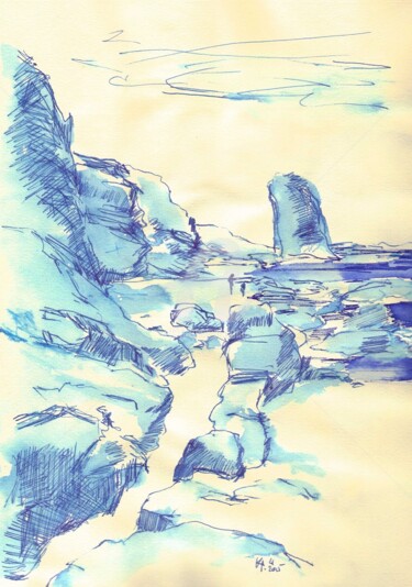 Dessin intitulée "Fuertaventura coast" par Karina Plachetka, Œuvre d'art originale, Encre