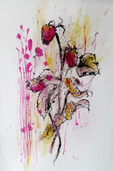 Drawing titled "Karmin roses" by Karina Plachetka, Original Artwork, Ink