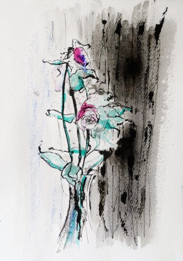 Drawing titled "Karmin roses" by Karina Plachetka, Original Artwork, Ink