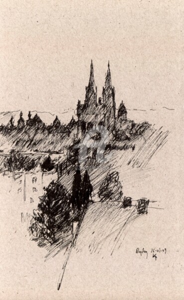 Zeichnungen mit dem Titel "Regensburg" von Karina Plachetka, Original-Kunstwerk, Tinte