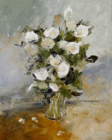 Painting titled "White roses" by Karina Plachetka, Original Artwork, Oil