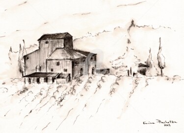 Drawing titled "Old farm in Tuscany" by Karina Plachetka, Original Artwork, Ink