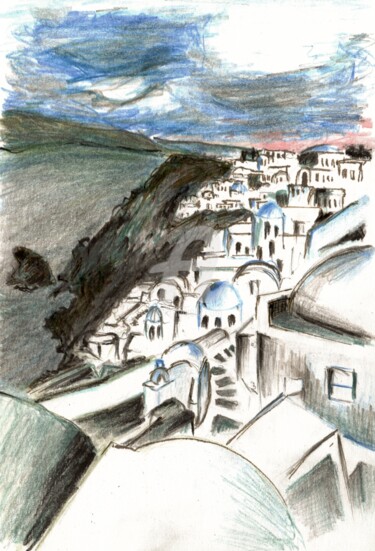 Disegno intitolato "Santorini" da Karina Plachetka, Opera d'arte originale, Matite colorate