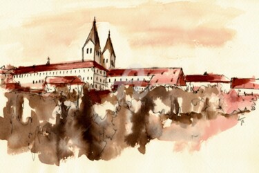 Painting titled "Freising skyline" by Karina Plachetka, Original Artwork, Ink