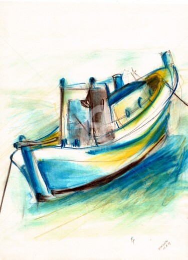 Malerei mit dem Titel "Greek boat" von Karina Plachetka, Original-Kunstwerk, Aquarell