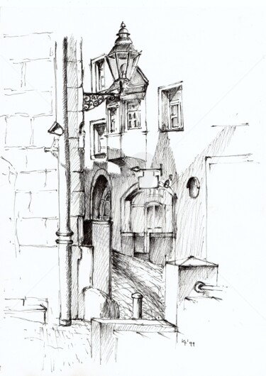 Drawing titled "Regensburg Gasse" by Karina Plachetka, Original Artwork, Ballpoint pen