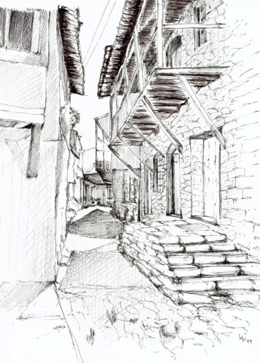 Tekening getiteld "Greek village" door Karina Plachetka, Origineel Kunstwerk, Inkt