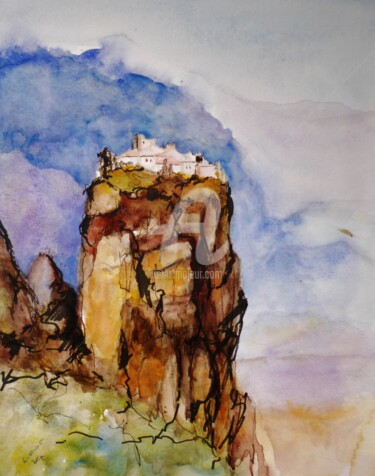 Painting titled "Meteora Monastery" by Karina Plachetka, Original Artwork, Watercolor