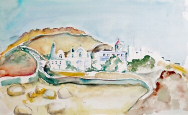 Painting titled "Mykonos landscape" by Karina Plachetka, Original Artwork, Watercolor