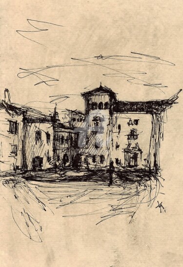 Dibujo titulada "Plaza de la Villa M…" por Karina Plachetka, Obra de arte original, Tinta