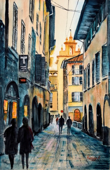 Painting titled "Walking in Bergamo" by Karine Andriasyan, Original Artwork, Watercolor