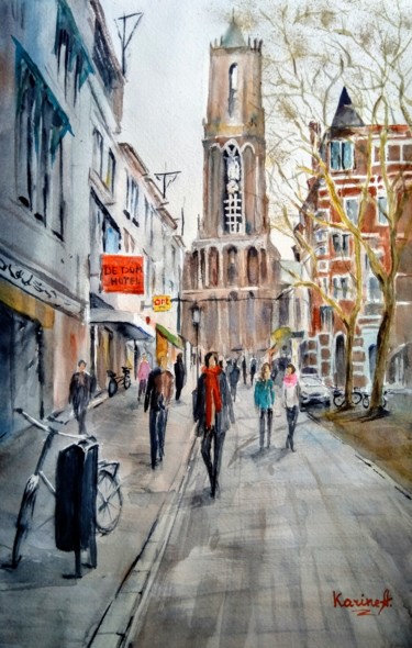 Painting titled "Walking in Utrecht" by Karine Andriasyan, Original Artwork, Watercolor