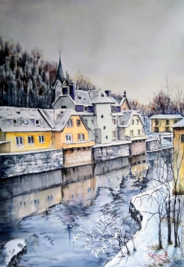 Malerei mit dem Titel "Cosy Luxembourg Win…" von Karine Andriasyan, Original-Kunstwerk, Aquarell