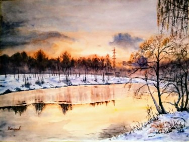 Painting titled "Sunset in the Park" by Karine Andriasyan, Original Artwork, Watercolor