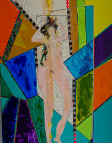 Painting titled "SHOWER" by Karine Azoulay, Original Artwork, Acrylic Mounted on Wood Stretcher frame