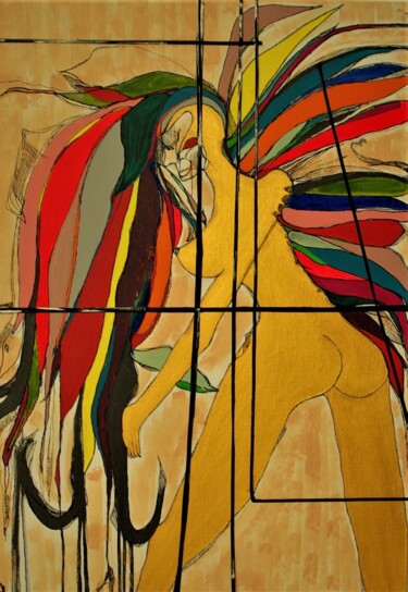 Painting titled "Amazone" by Karine Azoulay, Original Artwork, Acrylic Mounted on Wood Stretcher frame