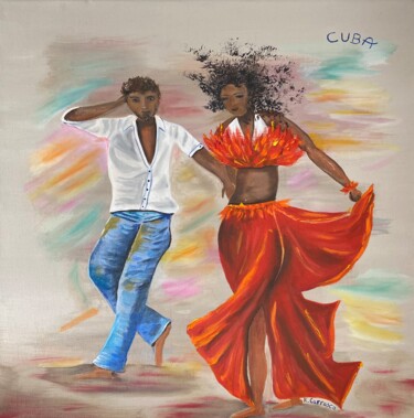 Painting titled "Danseurs cubains" by Karine Carrasco, Original Artwork, Oil Mounted on Wood Stretcher frame