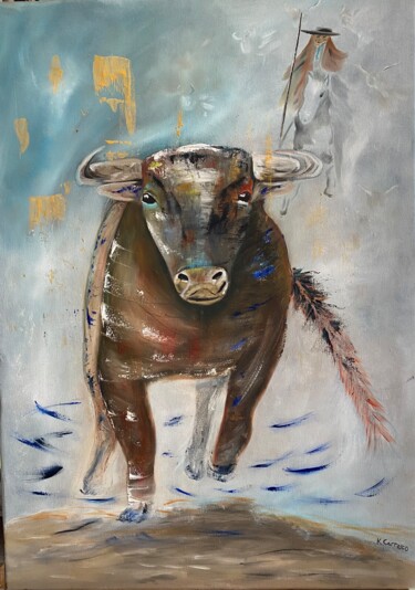Pittura intitolato "El toro" da Karine Carrasco, Opera d'arte originale, Olio Montato su Telaio per barella in legno