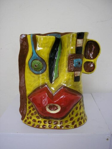 Sculpture intitulée "TêTA'CLACK JAUNE" par Karine Gervasi, Œuvre d'art originale, Céramique
