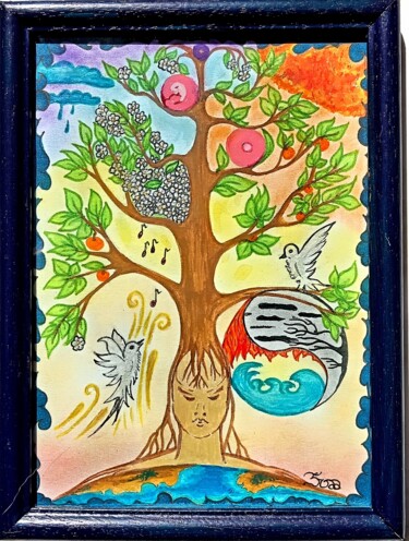 Drawing titled "Arbre des Vies II" by Karine Guézet Raclot, Original Artwork, Watercolor Mounted on Glass