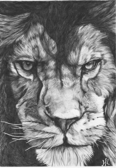 Dessin intitulée "lion au stylo bille" par Karine Lambert, Œuvre d'art originale, Stylo à bille